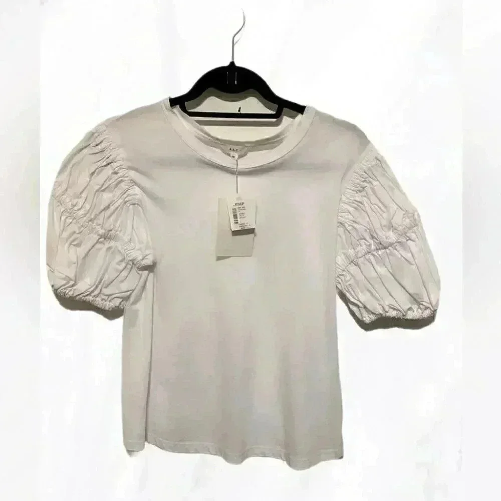 NWT A.L.C wells white cotton short puff crew neck sleeve tee shirt XS - Picture 2 of 5